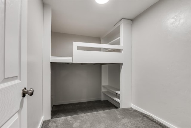 walk in closet featuring dark colored carpet