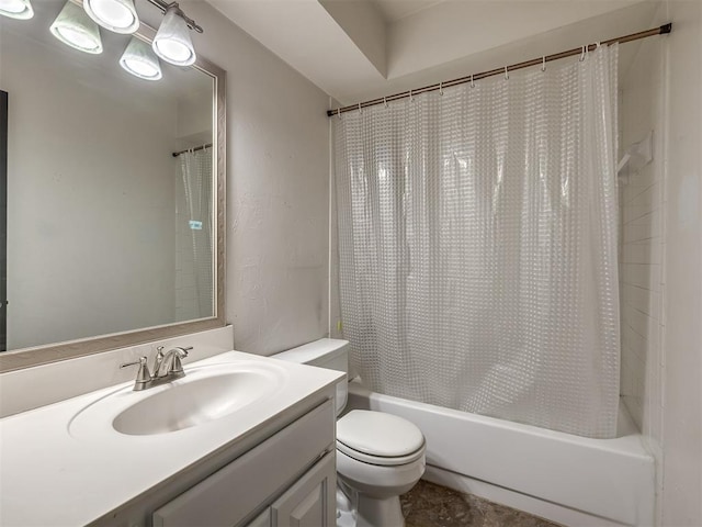 full bathroom with vanity, shower / bath combination with curtain, and toilet