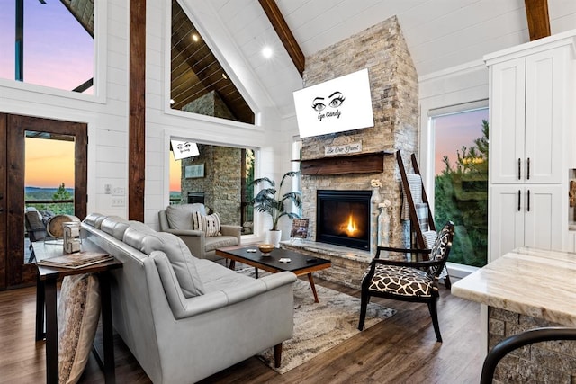 living room with a stone fireplace, high vaulted ceiling, and a healthy amount of sunlight