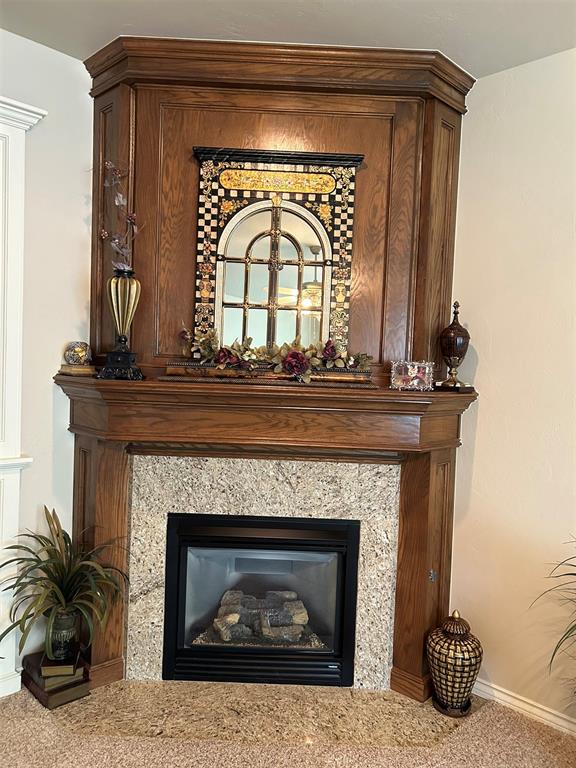 room details featuring a high end fireplace and carpet floors