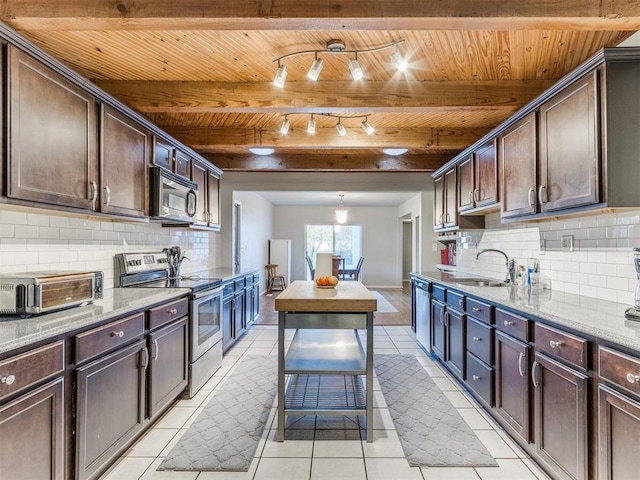 kitchen with sink, dark brown cabinets, wooden ceiling, and appliances with stainless steel finishes