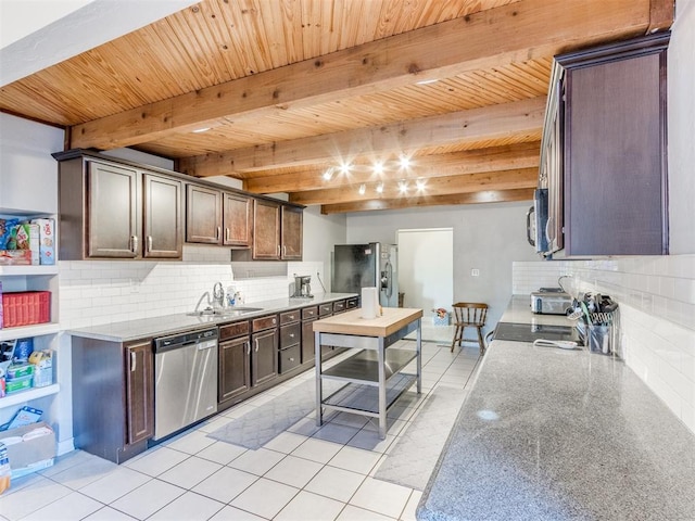 kitchen featuring tasteful backsplash, beamed ceiling, sink, stainless steel appliances, and dark brown cabinets