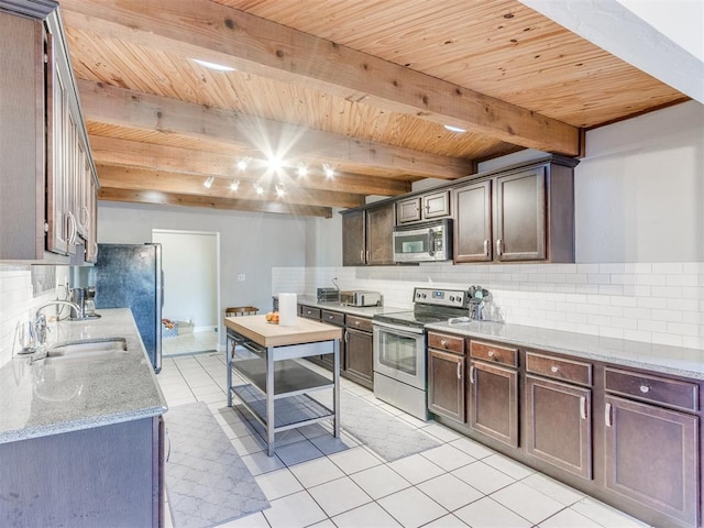 kitchen featuring backsplash, wood ceiling, beamed ceiling, and appliances with stainless steel finishes