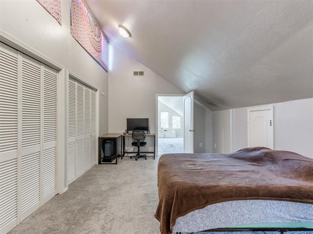 carpeted bedroom with lofted ceiling