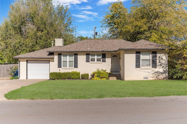 ranch-style home featuring a garage and a front lawn