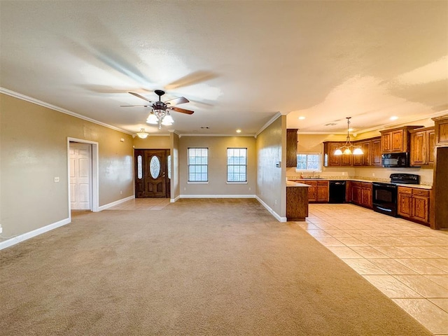 unfurnished living room with sink, light tile patterned floors, ceiling fan with notable chandelier, and ornamental molding