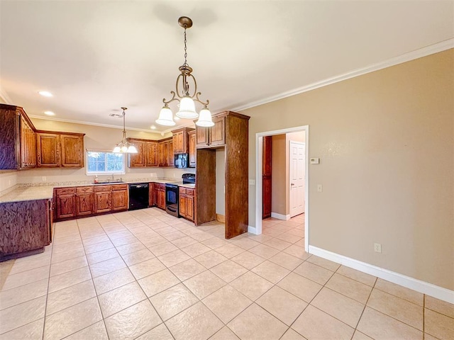 kitchen with crown molding, hanging light fixtures, black appliances, and an inviting chandelier