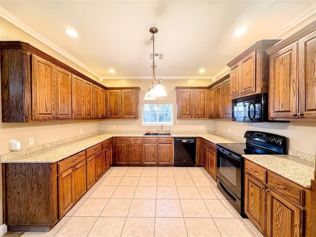 kitchen featuring light tile patterned flooring, decorative light fixtures, ornamental molding, and black appliances