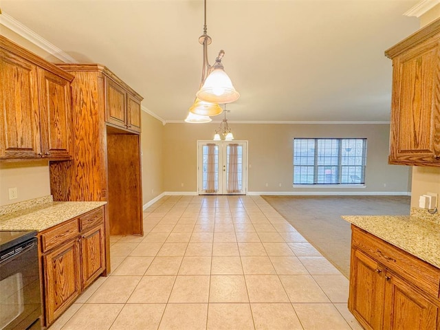 kitchen with crown molding, light tile patterned floors, electric range, and decorative light fixtures