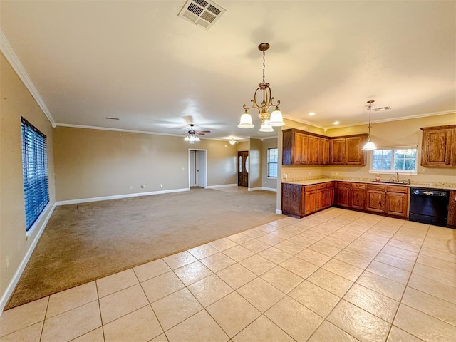 kitchen with dishwasher, sink, crown molding, light carpet, and ceiling fan with notable chandelier