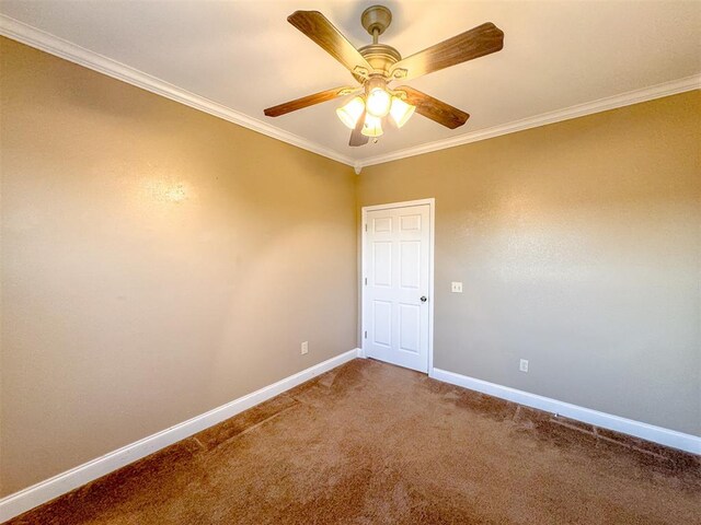 spare room featuring ceiling fan, carpet floors, and crown molding