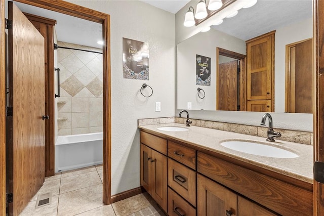 bathroom featuring tile patterned flooring, vanity, and tiled shower / bath