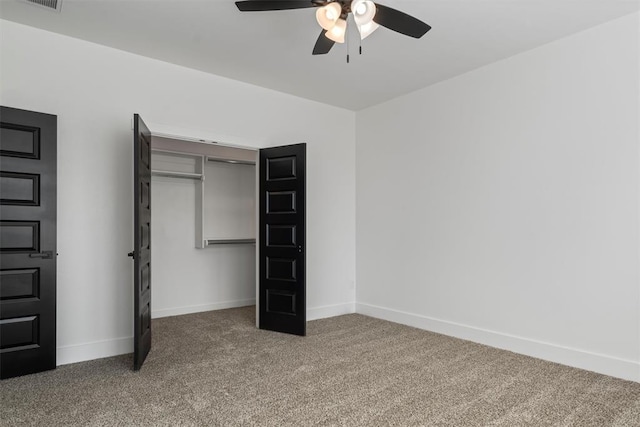 unfurnished bedroom with carpet and ceiling fan