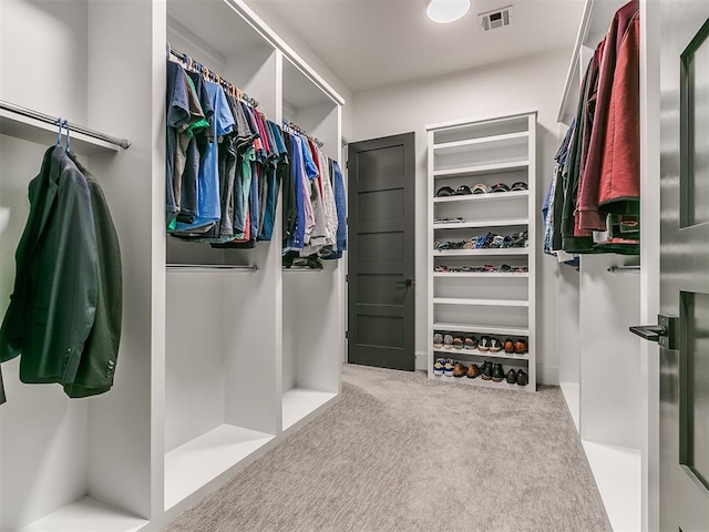 walk in closet with light colored carpet