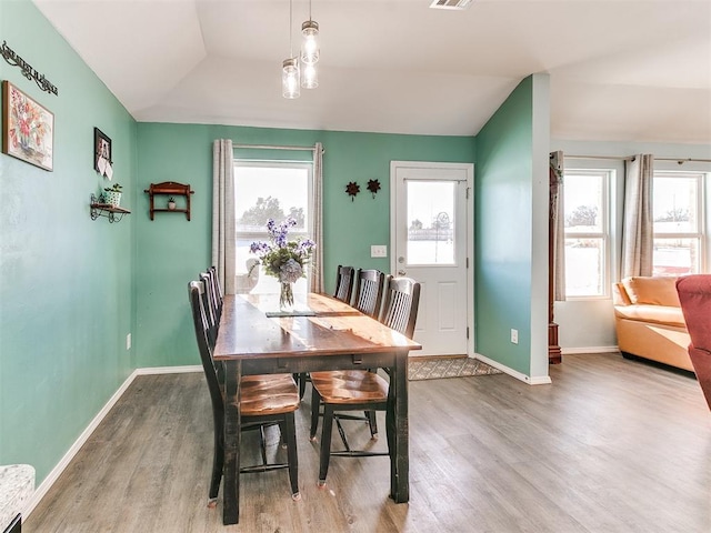 dining room with vaulted ceiling and hardwood / wood-style flooring