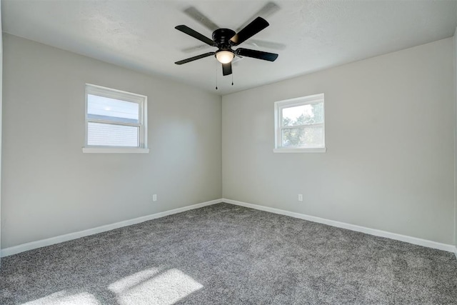 spare room with carpet flooring, ceiling fan, and a wealth of natural light