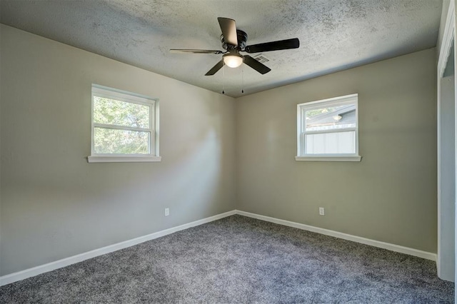 unfurnished room featuring carpet flooring, a textured ceiling, and a wealth of natural light