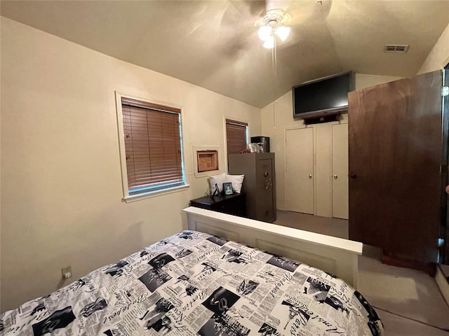 bedroom featuring ceiling fan and lofted ceiling