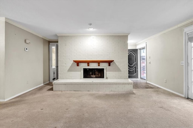 unfurnished living room featuring a healthy amount of sunlight, ornamental molding, light colored carpet, and a brick fireplace