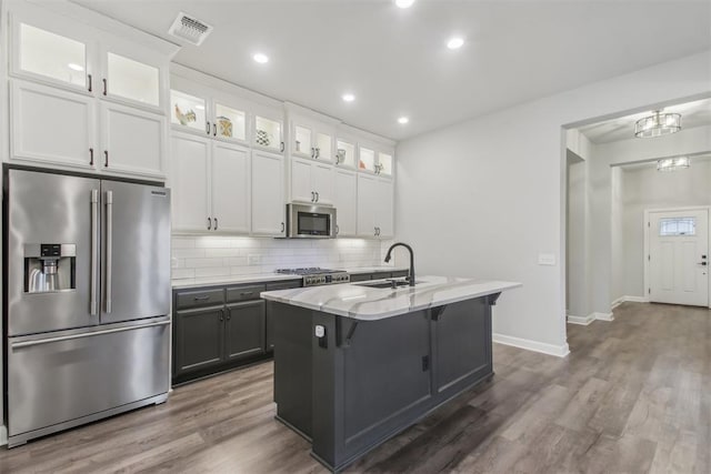 kitchen with white cabinetry, appliances with stainless steel finishes, sink, and a center island with sink