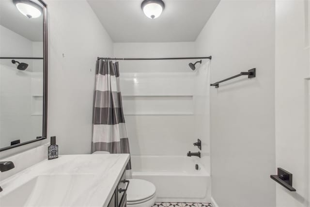 full bathroom with vanity, toilet, and shower / bath combo with shower curtain