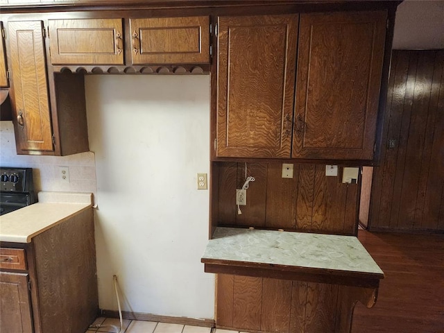 kitchen with black stove, backsplash, and hardwood / wood-style flooring