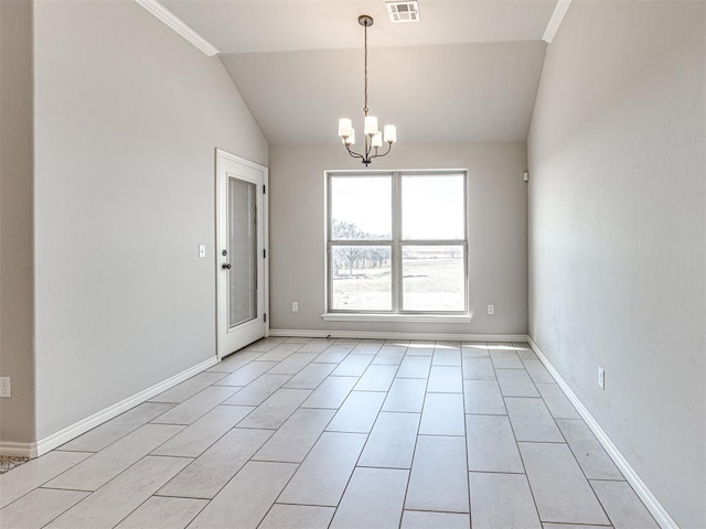 tiled spare room with a chandelier, crown molding, and lofted ceiling