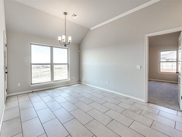 tiled spare room featuring lofted ceiling and a notable chandelier