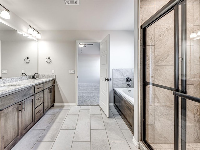 bathroom featuring separate shower and tub, ceiling fan, tile patterned flooring, and vanity