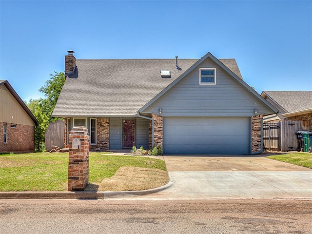 6404 Westway, Oklahoma City, OK 73142 - view of front of property featuring a garage, concrete driveway, roof with shingles, and a chimney