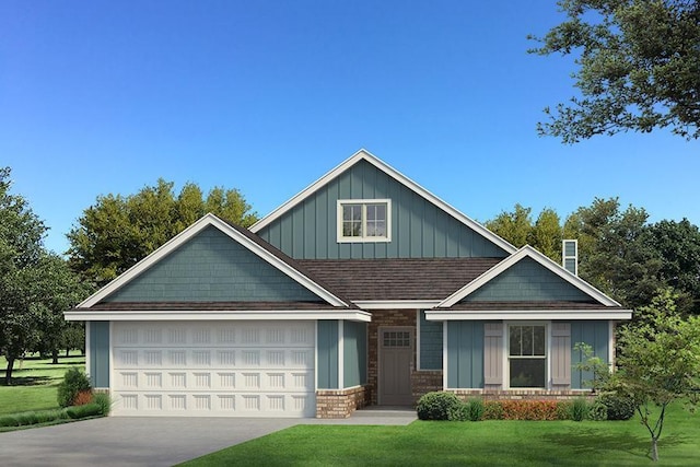 craftsman-style home featuring board and batten siding, concrete driveway, a front lawn, and a garage