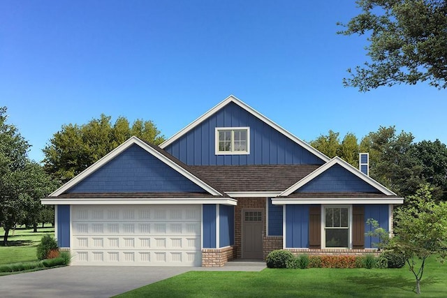 view of front of house featuring a garage, concrete driveway, a front lawn, and board and batten siding