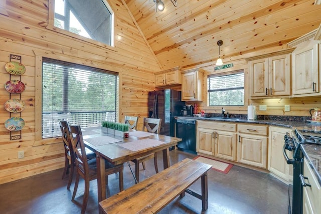 kitchen featuring wood ceiling, black appliances, high vaulted ceiling, hanging light fixtures, and wood walls