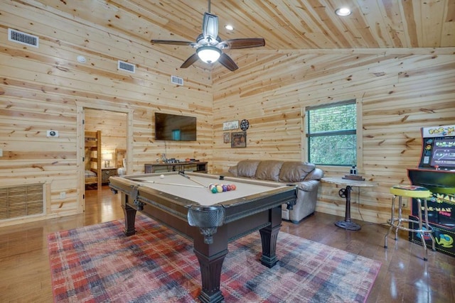 recreation room with pool table, hardwood / wood-style flooring, wooden ceiling, and high vaulted ceiling