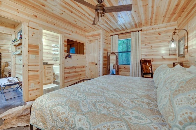 bedroom with ceiling fan, wooden ceiling, and wood walls