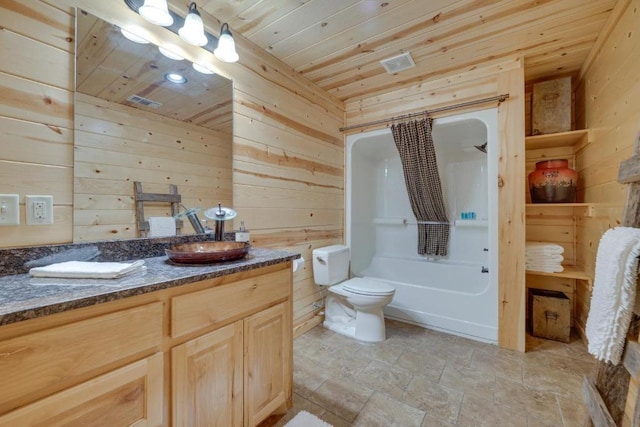 full bathroom featuring vanity, toilet, wood walls, and wood ceiling