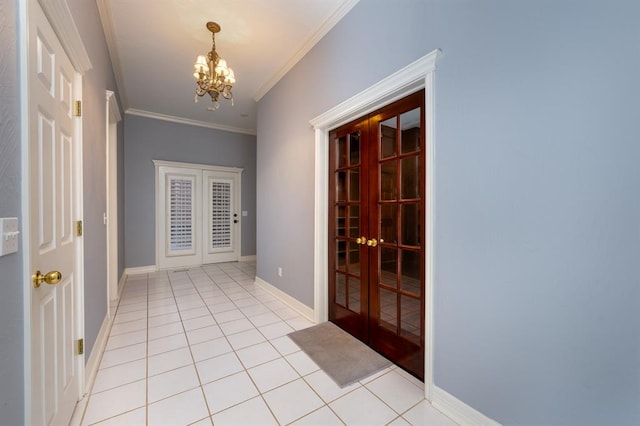 doorway featuring crown molding, french doors, light tile patterned floors, and a notable chandelier