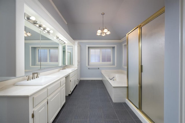 bathroom featuring shower with separate bathtub, vanity, an inviting chandelier, and crown molding