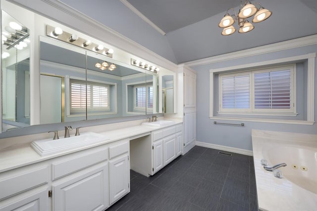 bathroom featuring ornamental molding, vanity, an inviting chandelier, shower with separate bathtub, and lofted ceiling