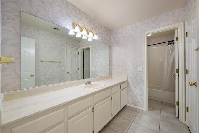 bathroom featuring vanity, tile patterned floors, and shower / bathtub combination with curtain