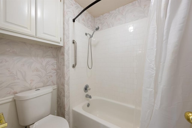 bathroom with toilet and shower / tub combo with curtain