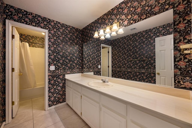 bathroom featuring vanity, tile patterned flooring, and shower / bathtub combination with curtain