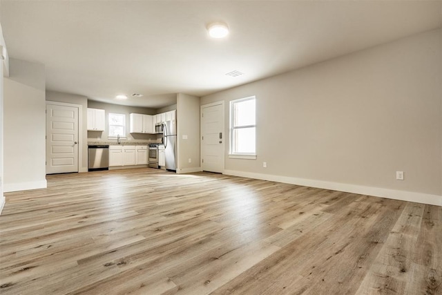 unfurnished living room featuring light hardwood / wood-style flooring, a wealth of natural light, and sink