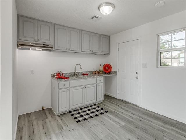 kitchen with gray cabinets, sink, and light hardwood / wood-style flooring