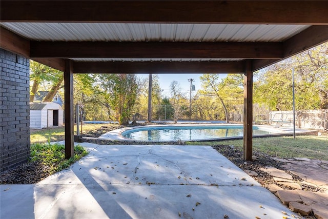 view of pool featuring a patio area and a storage shed