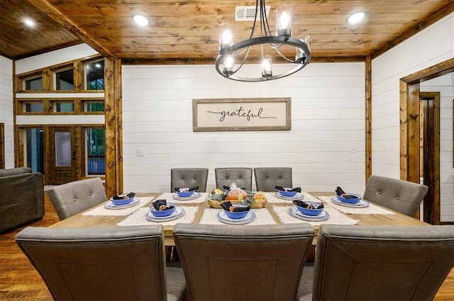 dining room featuring wooden walls, lofted ceiling, and wood ceiling