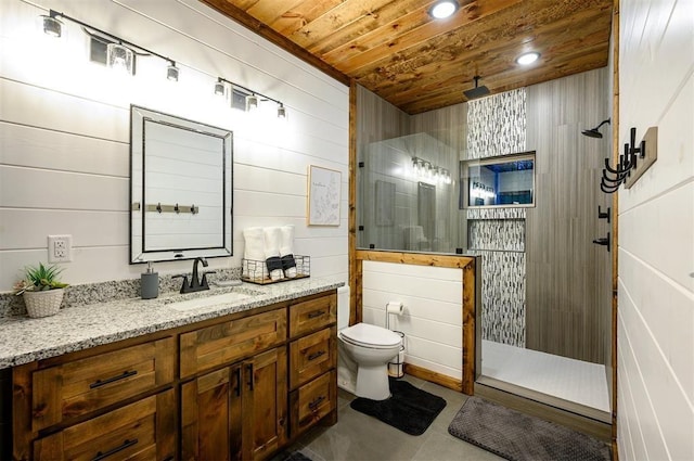 bathroom featuring vanity, walk in shower, wooden walls, and wood ceiling