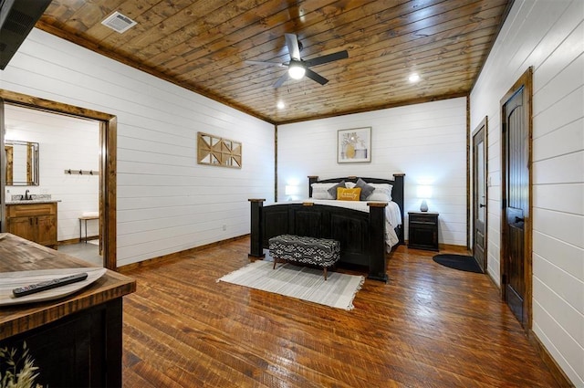 bedroom featuring wooden walls, dark wood-type flooring, ceiling fan, and wooden ceiling