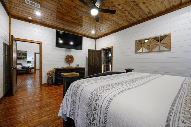 bedroom with ceiling fan, dark hardwood / wood-style flooring, wooden ceiling, and wood walls