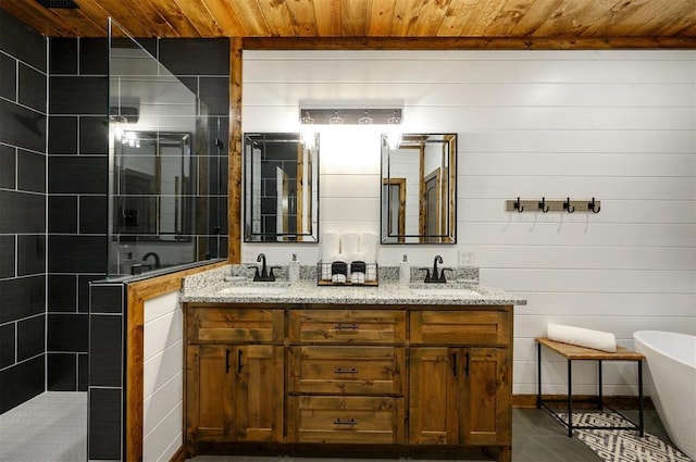 bathroom featuring vanity, separate shower and tub, and wood ceiling